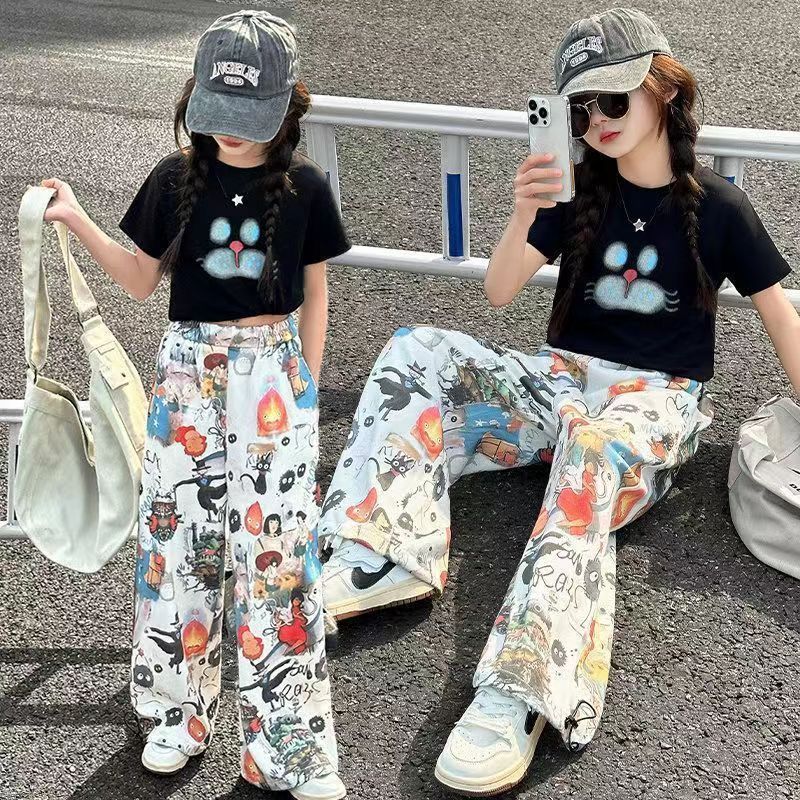 女童夏季套装2025新款趣味涂鸦休闲裤子女孩洋气韩版夏装两件套潮