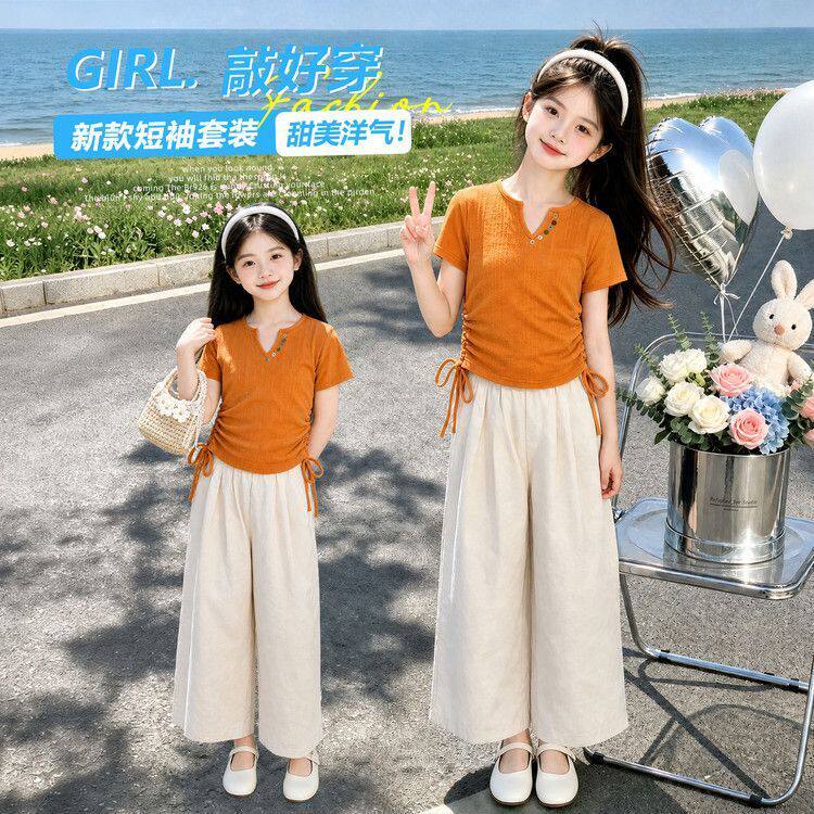 女童夏季套装薄款2026新款韩系洋气夏装女孩休闲短袖阔腿裤两件套