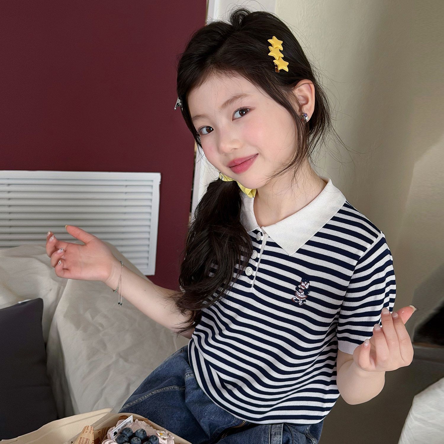 女童POLO衫夏季洋气2026新款儿童条纹短袖女孩中大童针织冰丝上衣