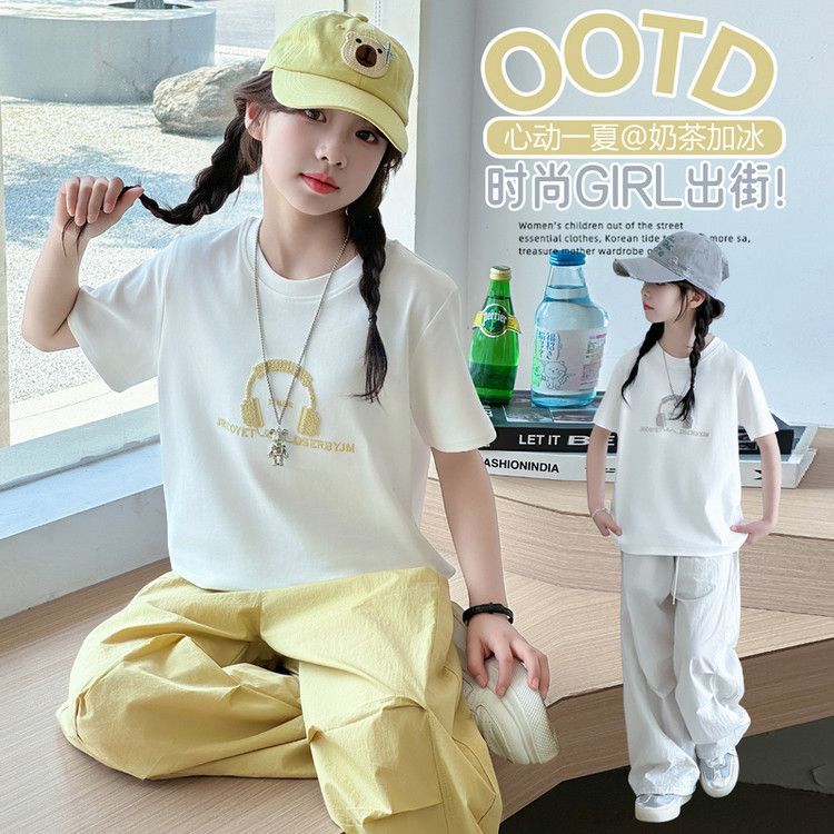 女童夏季短袖T恤套装2025新款洋气中大童夏款休闲工装裤两件套潮