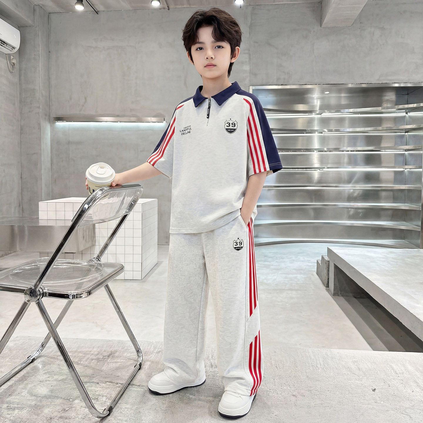 2026新款中大童夏季薄款男童夏装短袖套装男孩儿童运动服潮酷帅气
