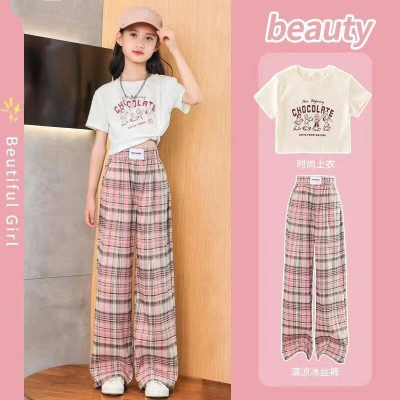 女童夏季裤子2026新款夏天薄款洋气时髦阔腿裤女大童装宽松格子裤