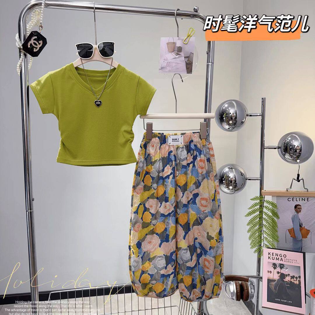 儿童洋气油画休闲防蚊裤两件套