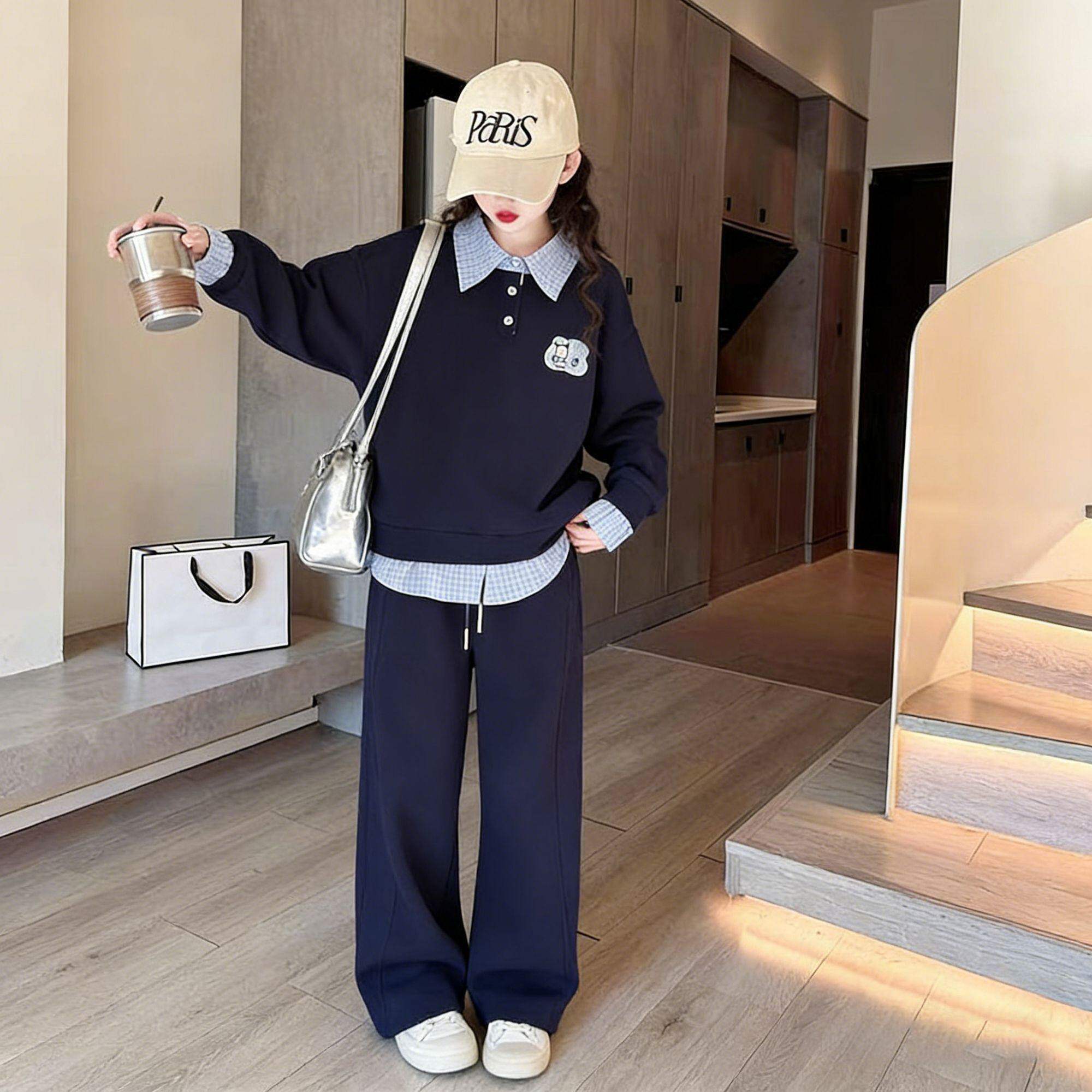 中大童女孩子洋气学院风POLO衫上衣阔腿裤两件套春秋卫衣套装新款