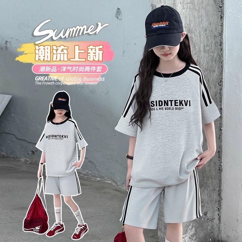女童夏季运动休闲套装2025新款中大童印花短袖t洗短裤洋气两件套