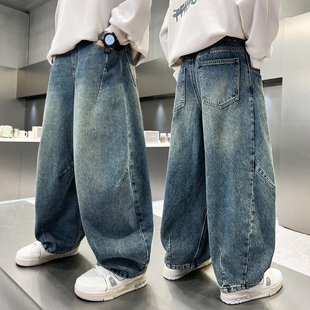 男童裤子春秋款2026新款中大童气球牛仔裤儿童秋季胖孩直筒弯刀裤