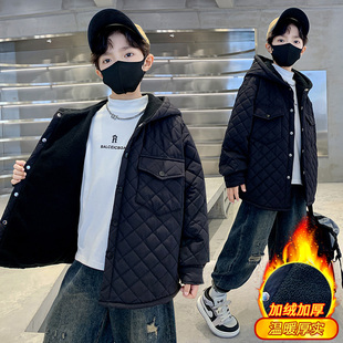 男童外套秋冬款2025新款中大童男孩冬季加绒加厚连帽格子棉服冬装