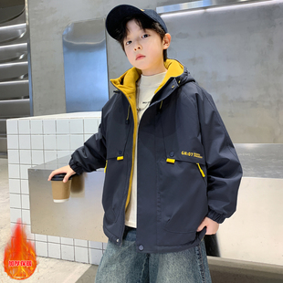 男童秋冬款外套2025新款中大男孩夹棉加厚风衣初中生工装帅气衣服