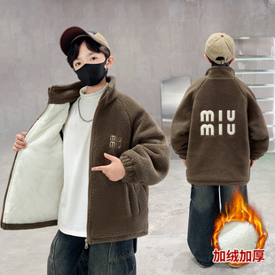 男童冬季羊羔绒外套2025新款秋冬装加绒加厚中大童毛毛衣男孩上衣