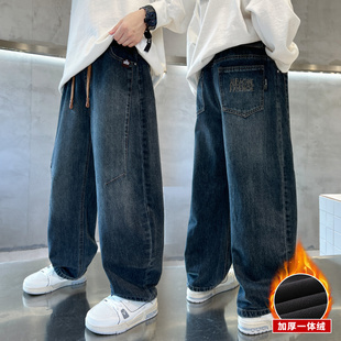 男童裤子秋冬装2026新款中大男孩加绒牛仔裤保暖儿童直筒春秋裤子