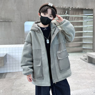 男童秋冬装外套2025新款中大男孩摇粒绒加厚外套初中生羊羔毛毛衣