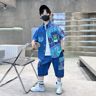 牛仔衬衫 夏款 2025新款 洋气儿童夏季 帅气男孩衣服 男童夏装 短袖 套装