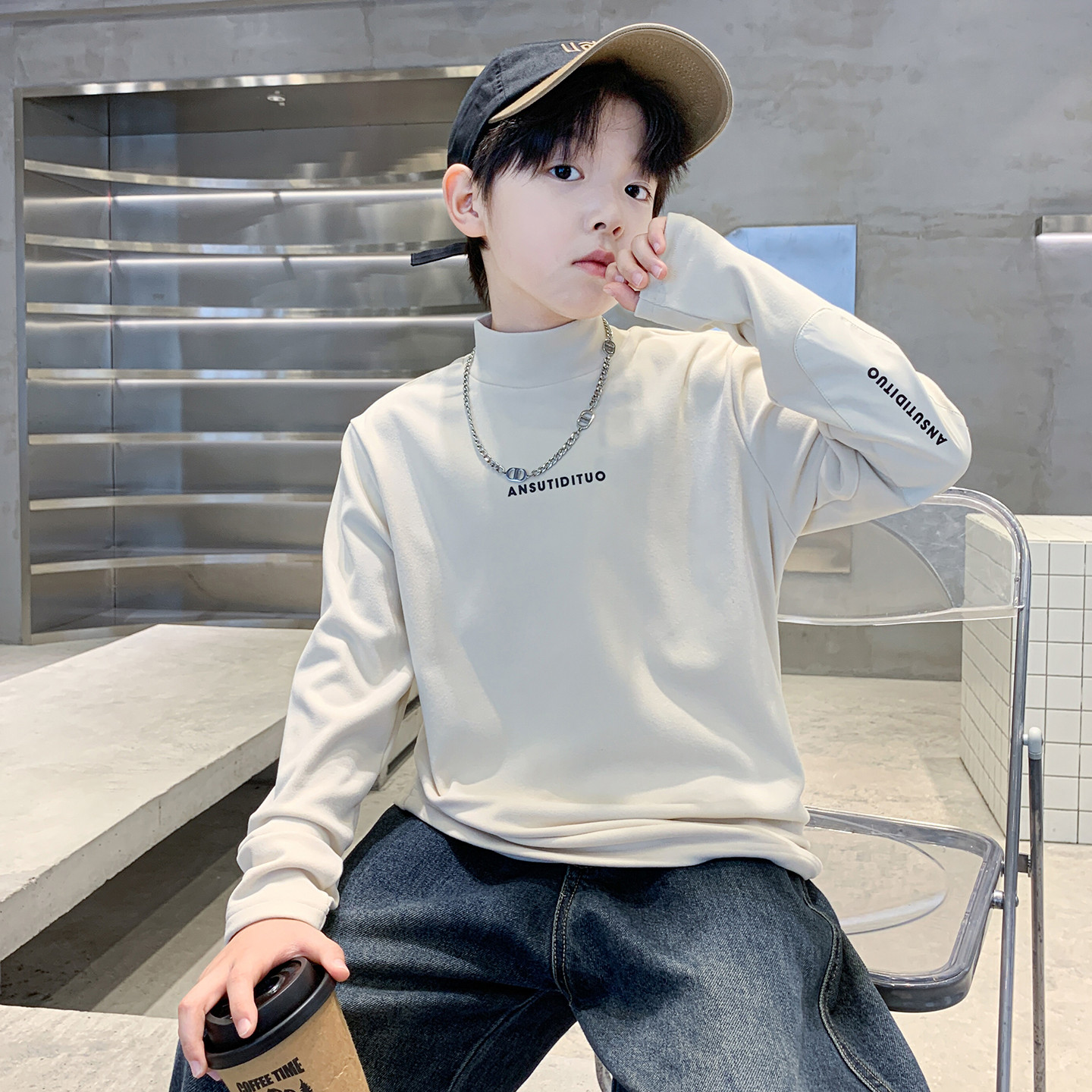 男童打底t衫卫衣2025新款德绒内搭秋冬季男孩中大儿童保暖长袖T恤