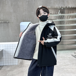 男童外套秋冬款2025新款加绒保暖派克棉服初中生连帽大童冬季衣服