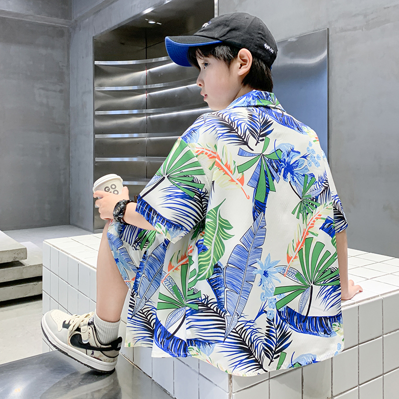 男童夏装套装2025新款中大童夏季短袖沙滩海边度假薄花衬衫夏威夷