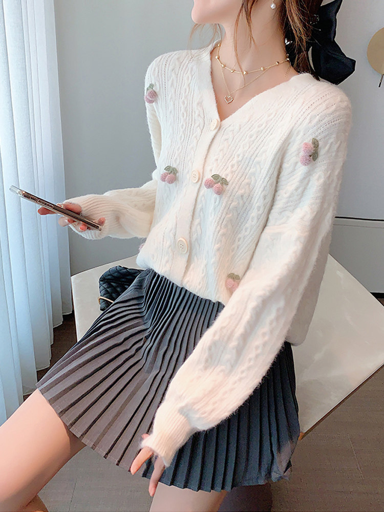 2020秋装甜美超仙立体樱桃毛衣开衫外套长袖针织衫上衣外搭毛衫女