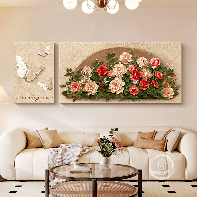 法式奶油风客厅挂画玫瑰花卉沙发背景墙面装饰画2026新款蝴蝶壁画,家居饰品,现代装饰画,淘宝优惠券,粉丝福利购,淘宝优惠卷