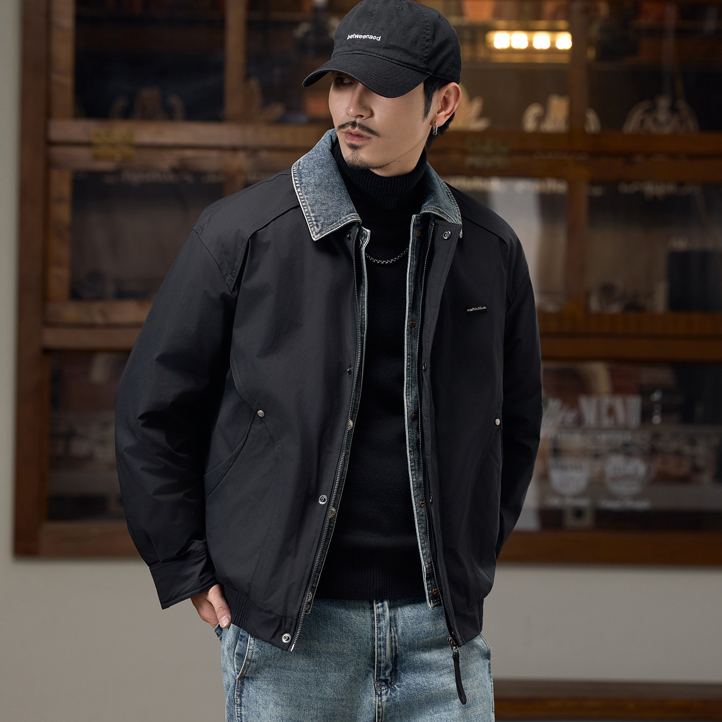 2025冬季新款假两件翻领羽绒服男短款宽松百搭牛仔拼接保暖外套潮