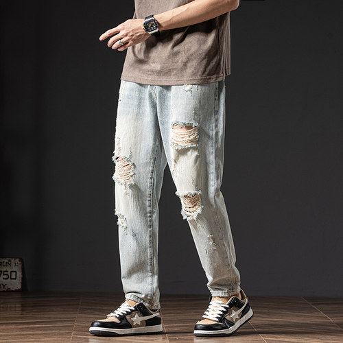 乞丐大破洞浅色牛仔裤男款春秋