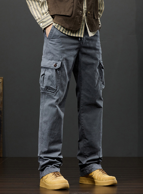美式复古灰色工装裤男秋冬2025新款宽松直筒户外登山多口袋休闲裤
