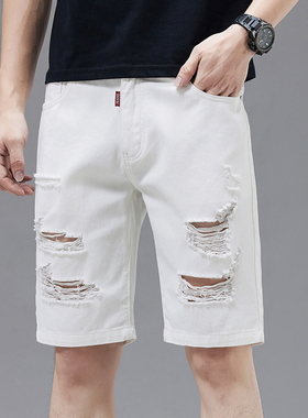 潮牌白色破洞牛仔裤短裤男士直筒韩版潮流马裤五分裤夏季休闲中裤