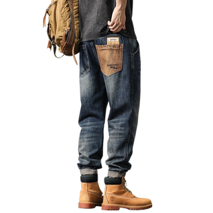 美式硬汉加绒加厚牛仔裤男秋冬新款潮牌拼接休闲宽松大码直筒裤子