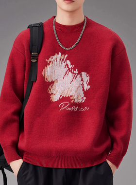 美式复古重磅绒感本命红色毛衣男士冬季新款保暖宽松圆领针织衫潮