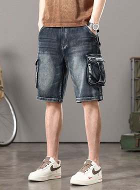 美式黑灰色工装牛仔短裤男夏季潮牌宽松2025新款大码胖子五分马裤