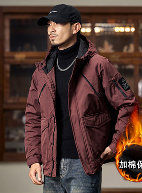 本命年红色夹棉冲锋衣男冬季加厚保暖棉服大口袋户外运动夹克外套