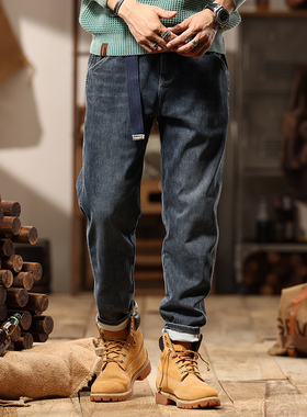 牛仔裤男秋冬款2025新款宽松直筒锥形男士蓝灰色男士休闲加绒裤子