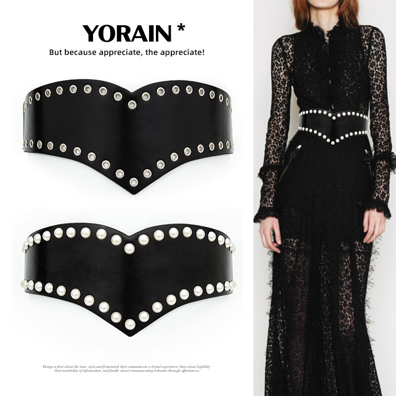 女士珍珠时装腰带松紧弹力宽腰封