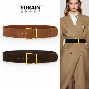 新款 真皮腰带女宽4厘米大衣腰封配裙子牛皮皮带配饰高级感麂皮绒