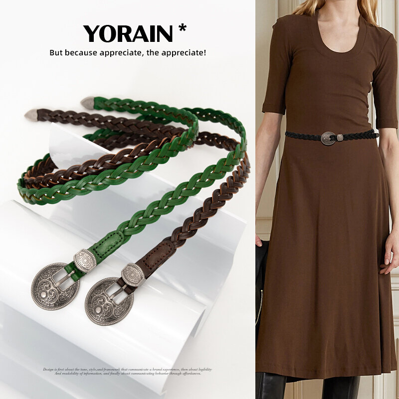 复古雕花扣手工编织牛皮细腰带真皮皮带打结装饰休闲百搭女士皮带