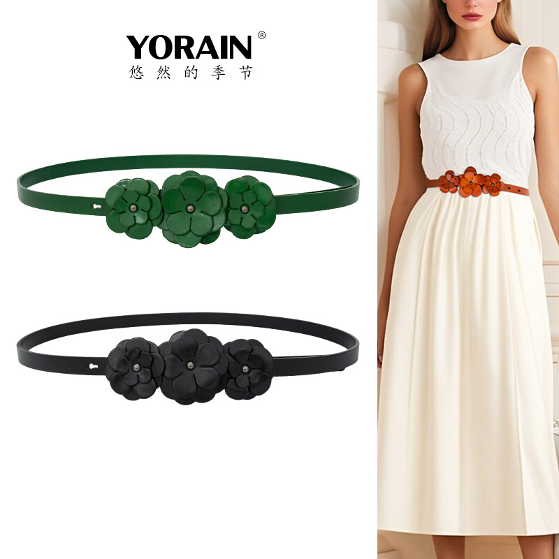 头层牛皮手工花朵腰带女真皮皮带