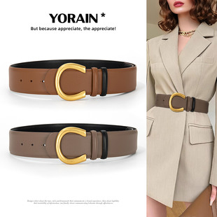 双面连衣裙腰带女宽配裙子大衣牛皮皮带棕色真皮腰封新款 饰裙带 装