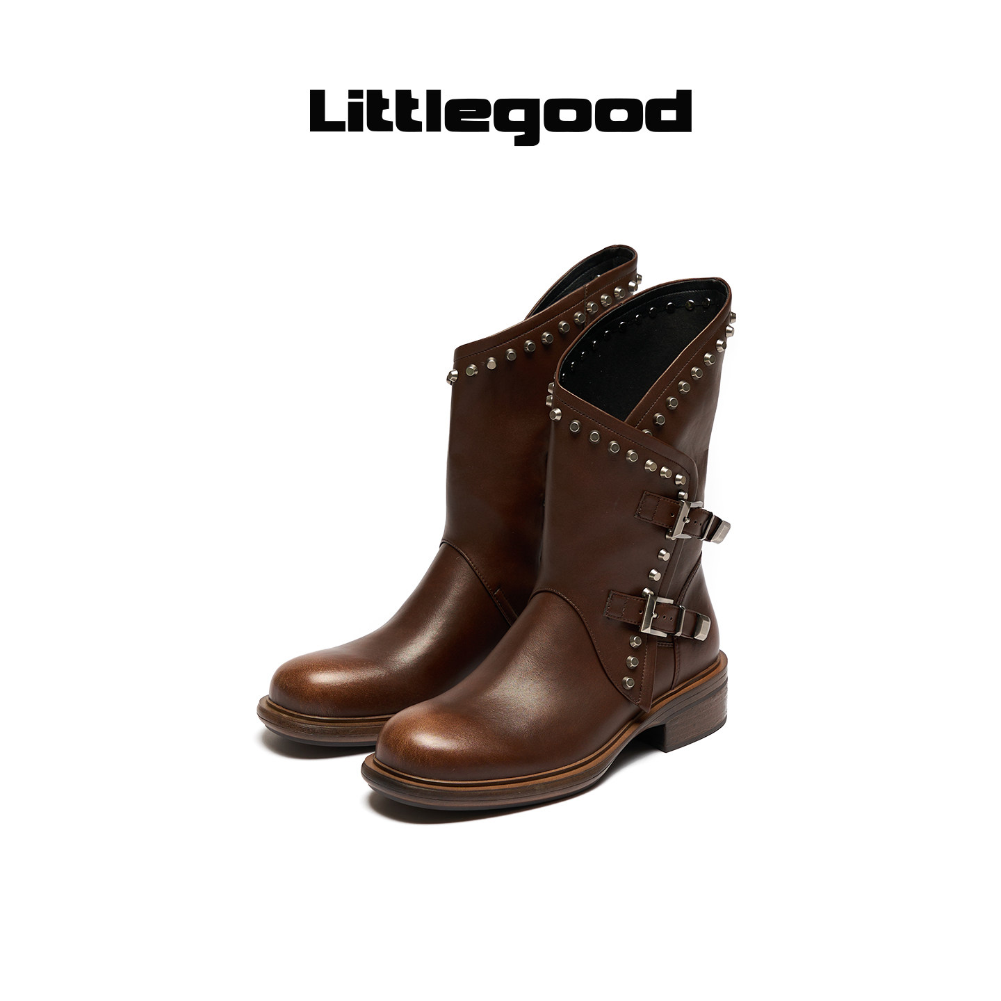 【新品推荐】littlegood复古西部骑士靴女2026秋季新款铆钉机车靴