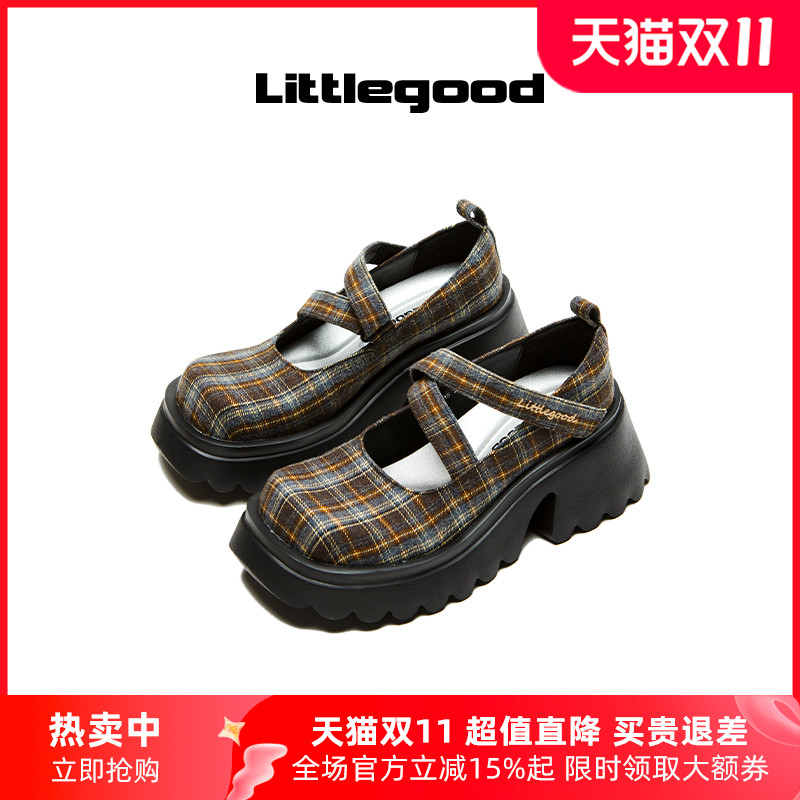 littlegood复古格纹玛丽珍鞋