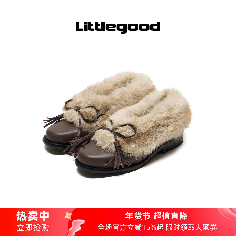 【新品折扣】littlegood复古毛毛鞋加绒女2025冬季平底蝴蝶结棉鞋,女鞋,时尚雪地靴,淘宝优惠券,粉丝福利购,淘宝优惠卷