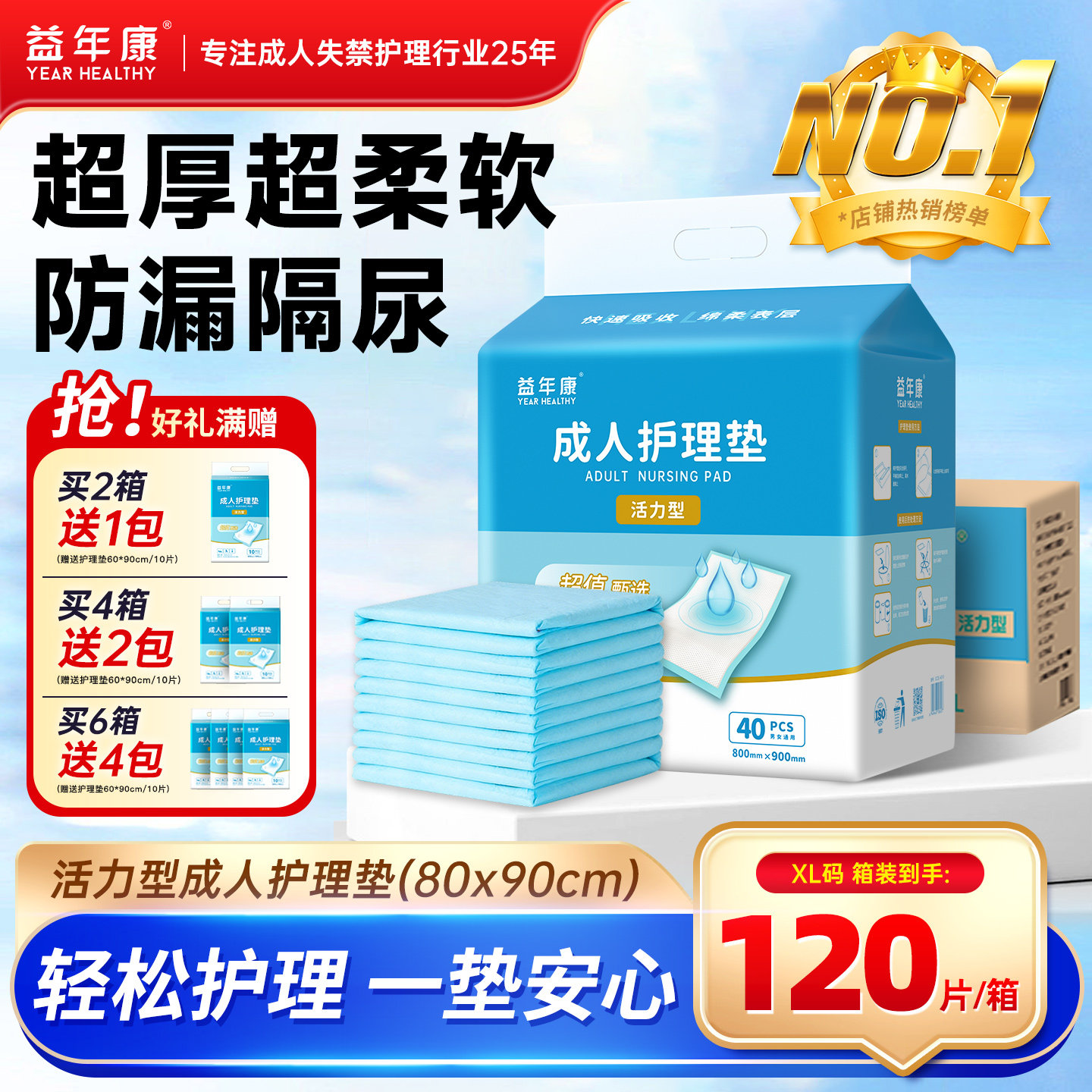益年康成人护理垫60x90隔尿垫箱装老人用尿垫男女产妇护理床垫