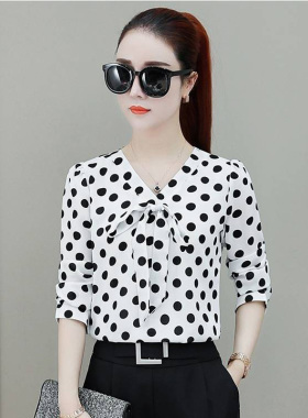2025春夏季韩版波点印花衬衣女长袖/短袖雪纺衫V领上衣打底衫女装