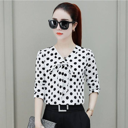 2025春夏季韩版波点印花衬衣女长袖/短袖雪纺衫V领上衣打底衫女装