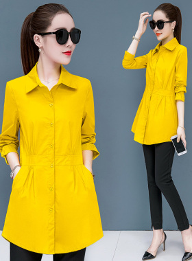 纯棉春秋中长款长袖衬衫女士 新款韩版衬衣收腰显瘦百搭外套风衣