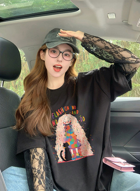 重工蕾丝拼接纯棉防晒t恤女2025爆款小公主涂鸦中长款假两件上衣