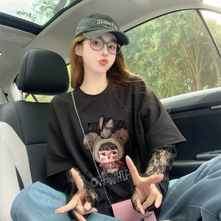 爆款蕾丝拼接防晒T恤女oversize欧货卡通宽松假两件显瘦上衣
