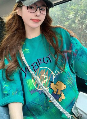 可爱风卡通印花纯棉中长款T恤女夏季爆款彩色扎染宽松显瘦上衣潮