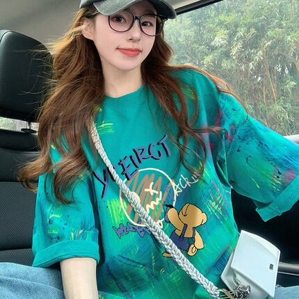 可爱风卡通印花纯棉中长款T恤女夏季爆款彩色扎染宽松显瘦上衣潮