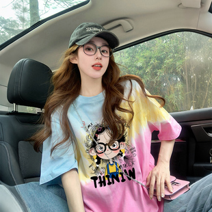绝美独特撞色扎染纯棉T恤女超火小女孩涂鸦减龄宽松胖mm遮肉上衣