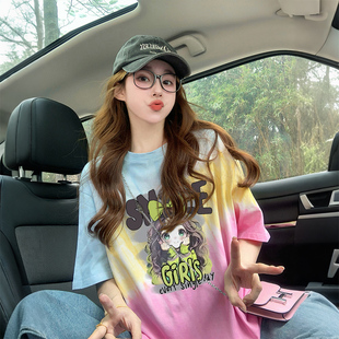 洋气印花纯棉宽松t恤女设计感彩色扎染中长款 时尚 气质显瘦上衣潮
