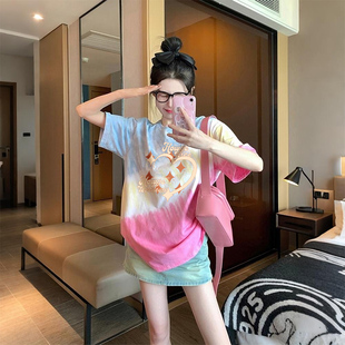 超火小众涂鸦渐变中长款t恤女夏日彩色渐变设计感宽松遮肚子上衣