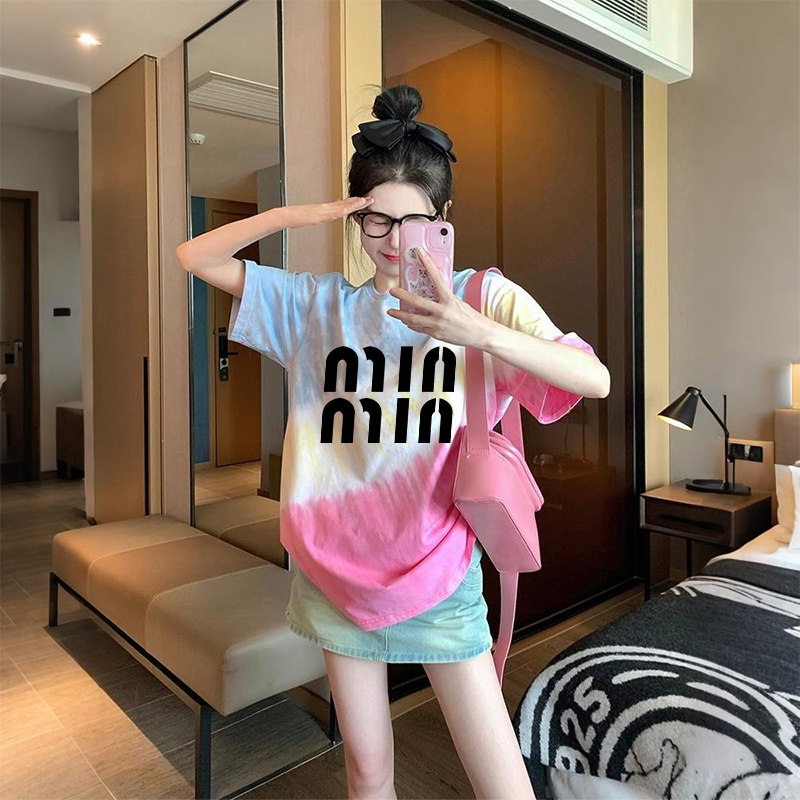 盐系扎染休闲字母中长款T恤女网红多巴胺彩色晕染设计感宽松上衣